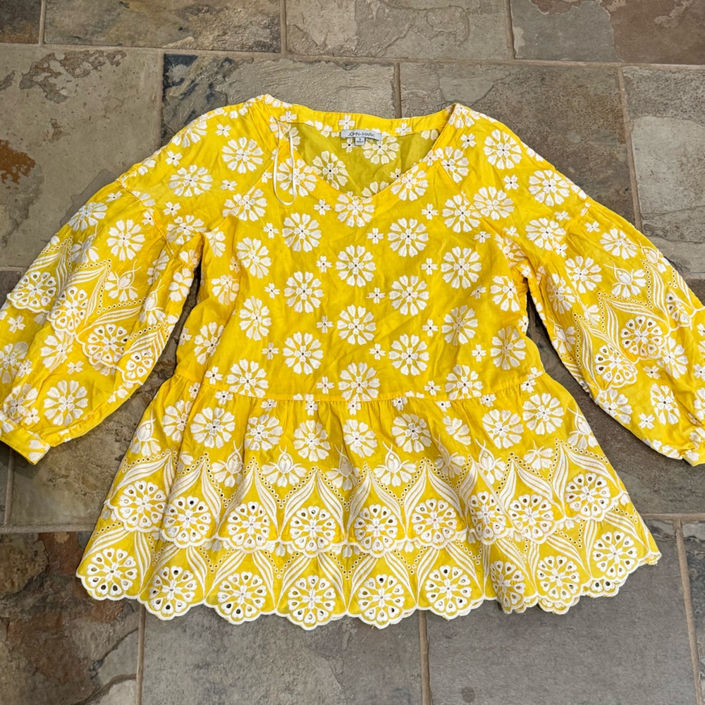 John Mark Yellow and White Embroidered Peplum Tunic